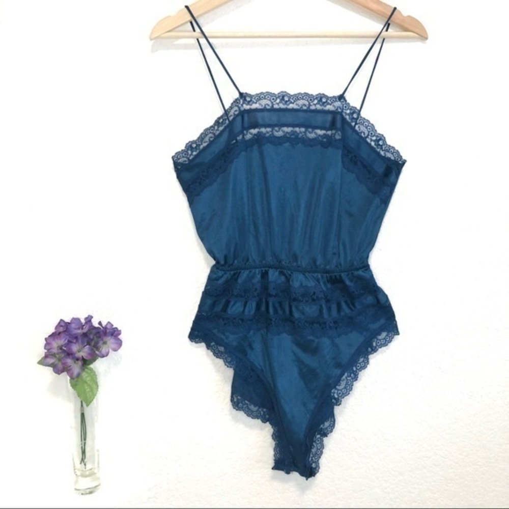 Vintage 80s Deena blue one piece lingerie small lace and satiny